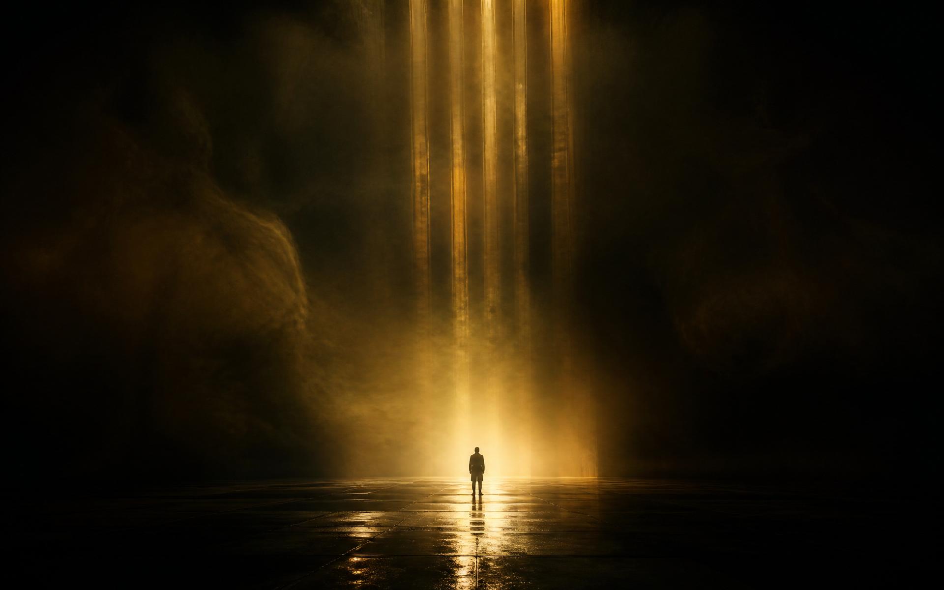 A lone figure standing in cinematic golden light beams